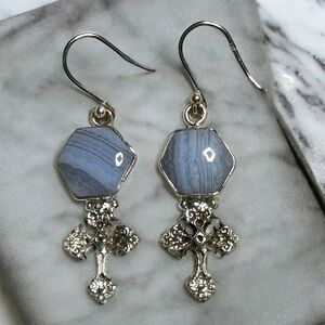 Blue Lace Agate Sterling Silver Cross Drop Earrings